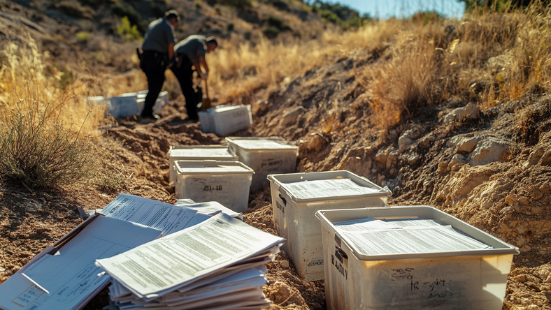 荒坡上的5米深坑里,警方挖出377箱会计资料,多人被罚款